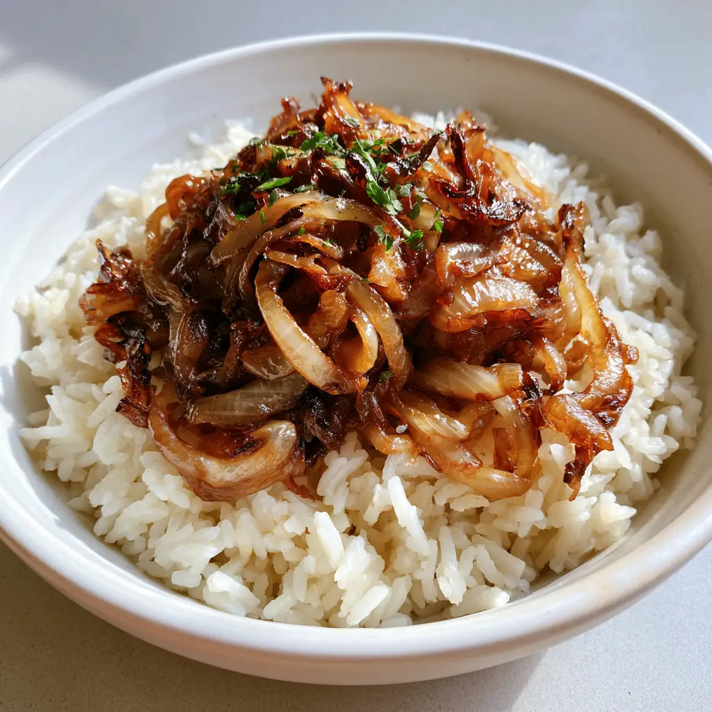 Savory Onion Rice: The Ultimate Fluffy Side Dish with Deeply Caramelized Onions 2 A close-up smartphone photo of Savory Onion Rice showing the oily sheen and charred edges of the onions on a bed of long-grain rice.