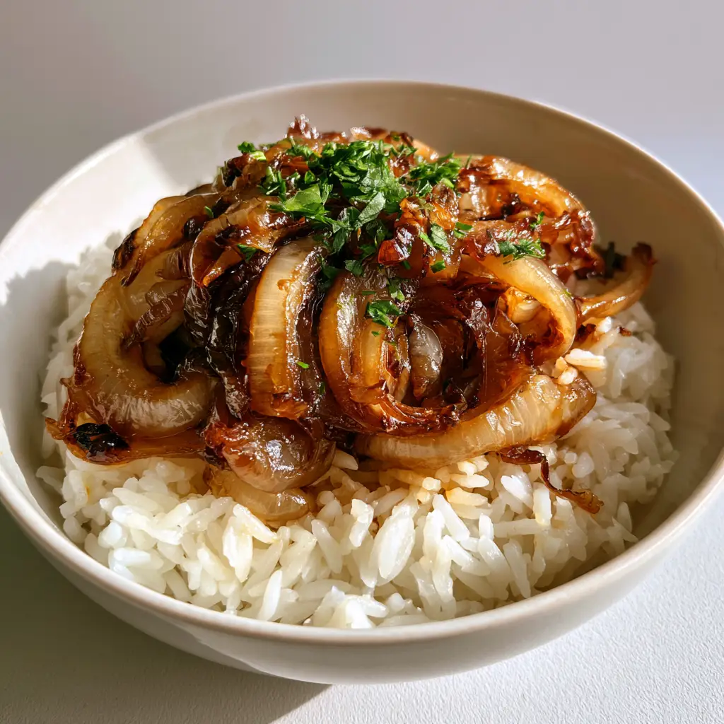 Savory Onion Rice: The Ultimate Fluffy Side Dish with Deeply Caramelized Onions 1 Rustic plating of Savory Onion Rice in a white bowl against a light grey background with soft natural lighting.