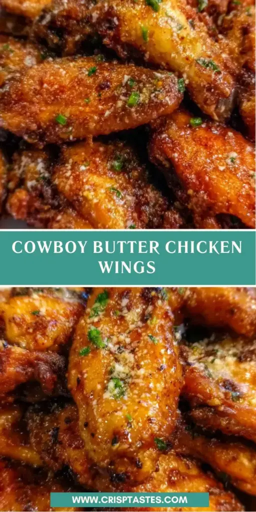 A handheld smartphone photo showing Cowboy Butter Chicken Wings with a glossy vibrant yellow sauce, minced garlic, and red chili flakes in a dark grey bowl.