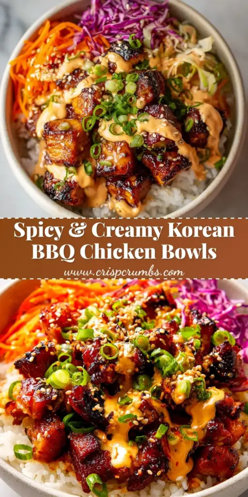 A top-down view of Korean BBQ Chicken Bowls featuring charred chicken, shredded carrots, purple cabbage, and edamame with a creamy sauce drizzle.