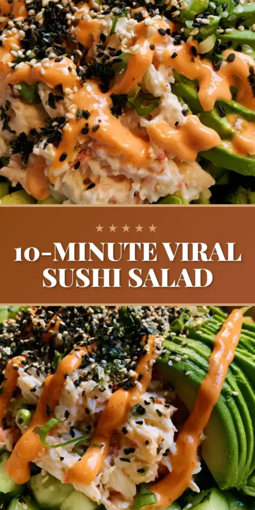 A high-angle smartphone photo of a deconstructed california roll cucumber salad in a white bowl with spicy mayo zig-zags, avocado, and sesame seeds.