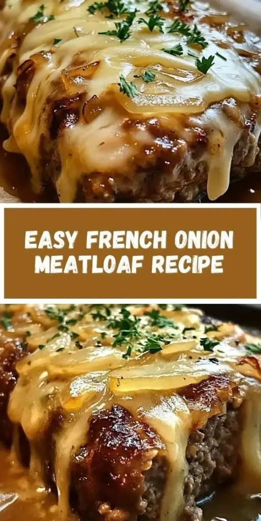 A thick slice of French Onion Meatloaf topped with glossy brown gravy, caramelized onions, and melted bubbly Swiss cheese on a white plate.