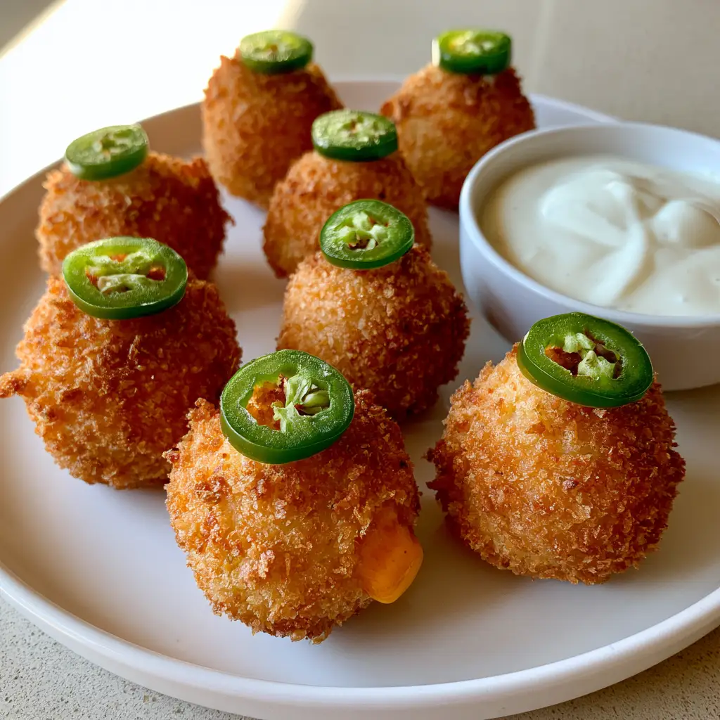 Jalapeno Popper Bites: The Ultimate Crispy Panko Appetizer 2 Handheld photo of spherical Jalapeno Popper Bites with rough panko crust and fresh jalapeno slices.