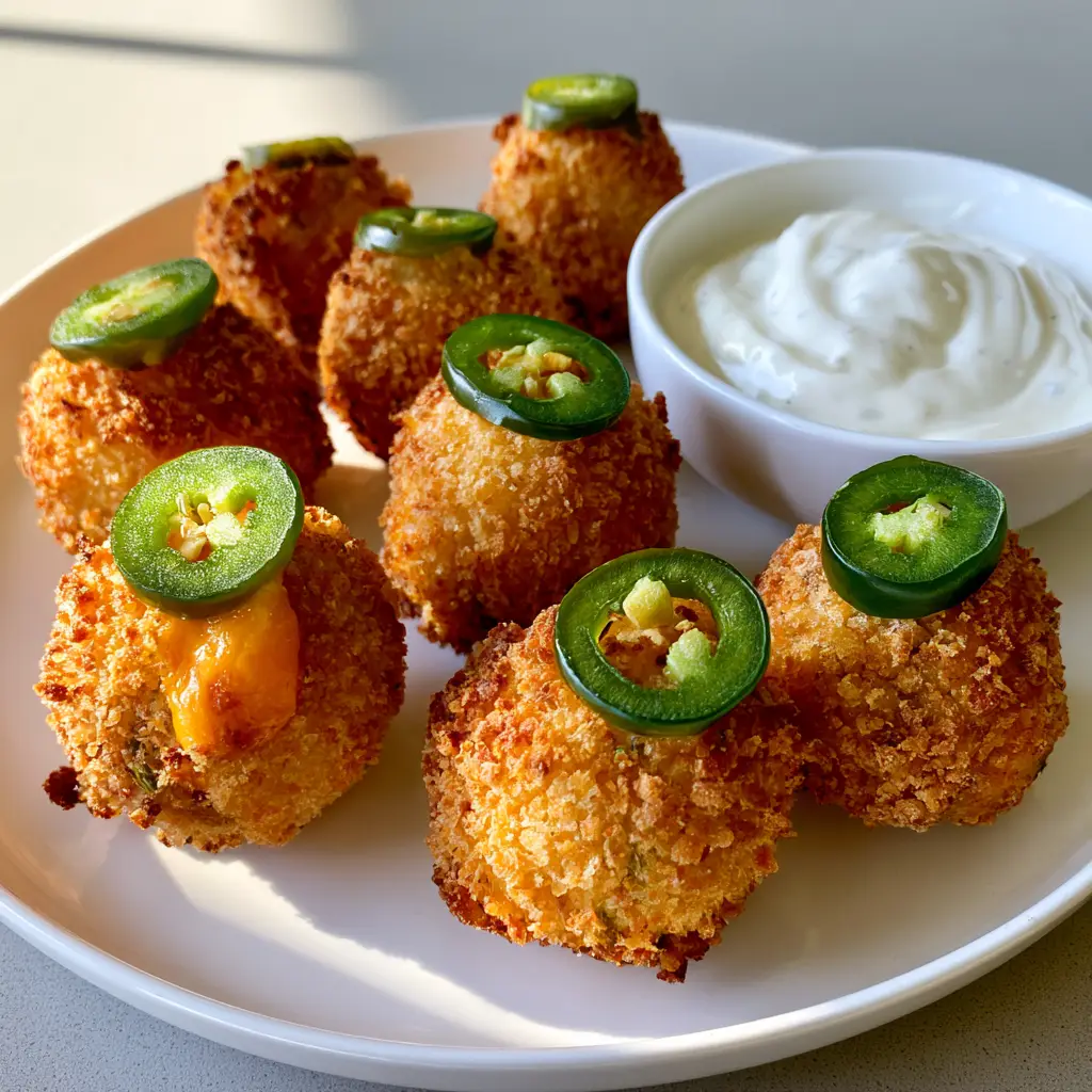 Jalapeno Popper Bites: The Ultimate Crispy Panko Appetizer 1 Close up of Jalapeno Popper Bites showing melted orange cheddar cheese peeking through the crust.