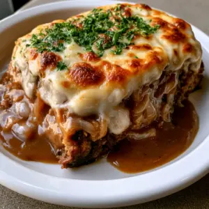 Close up of French Onion Meatloaf slice showing the dark savory base and golden-brown charred cheese spots.