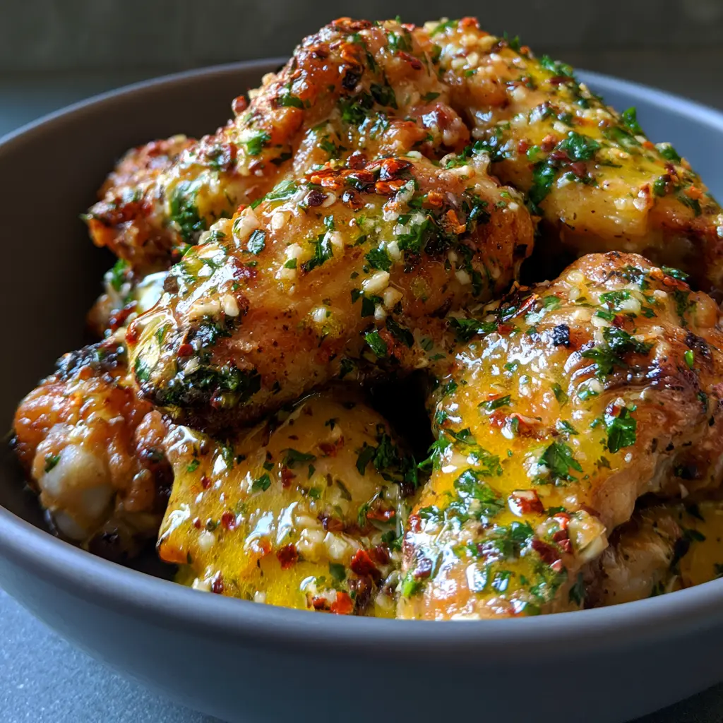 Soft natural daylight illuminating the texture of fresh parsley and red chili flakes on glossy yellow chicken wings.