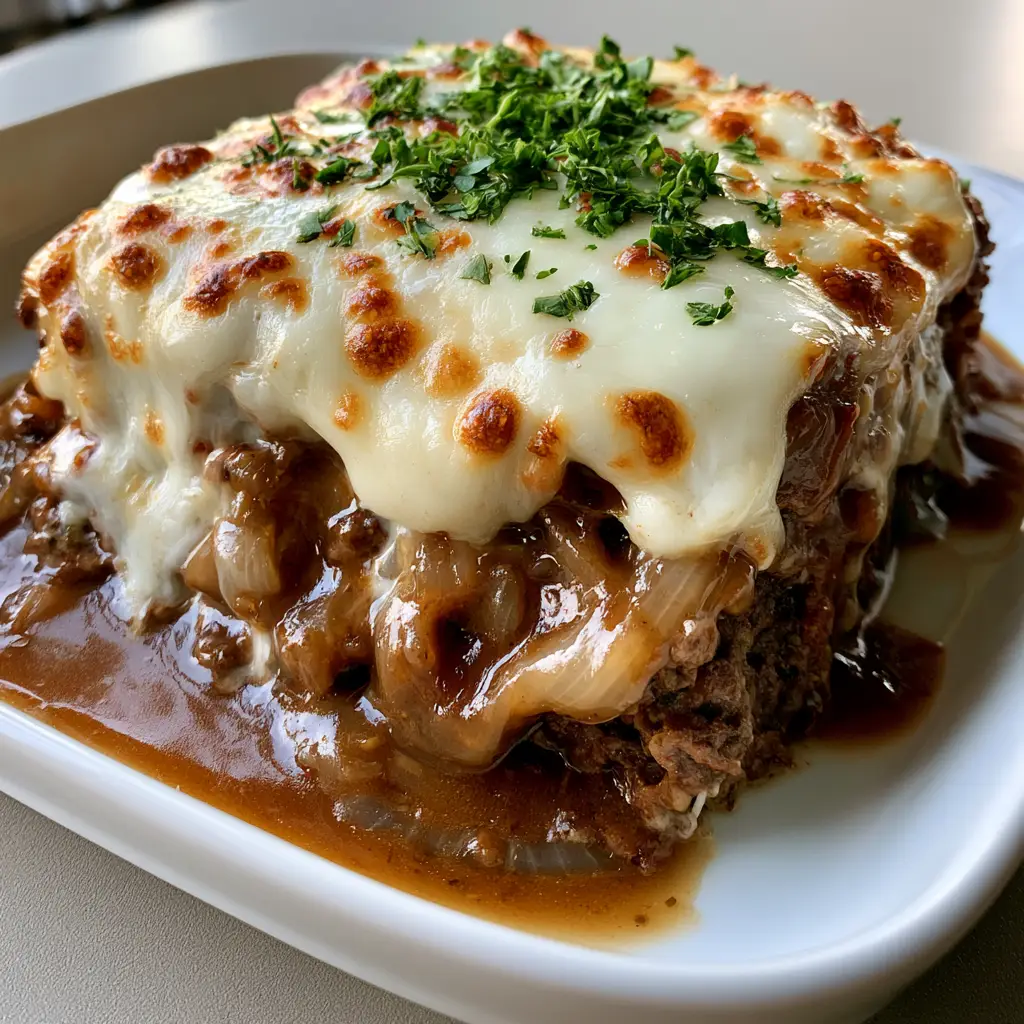 A side view of French Onion Meatloaf with translucent caramelized onions and parsley flakes garnish.