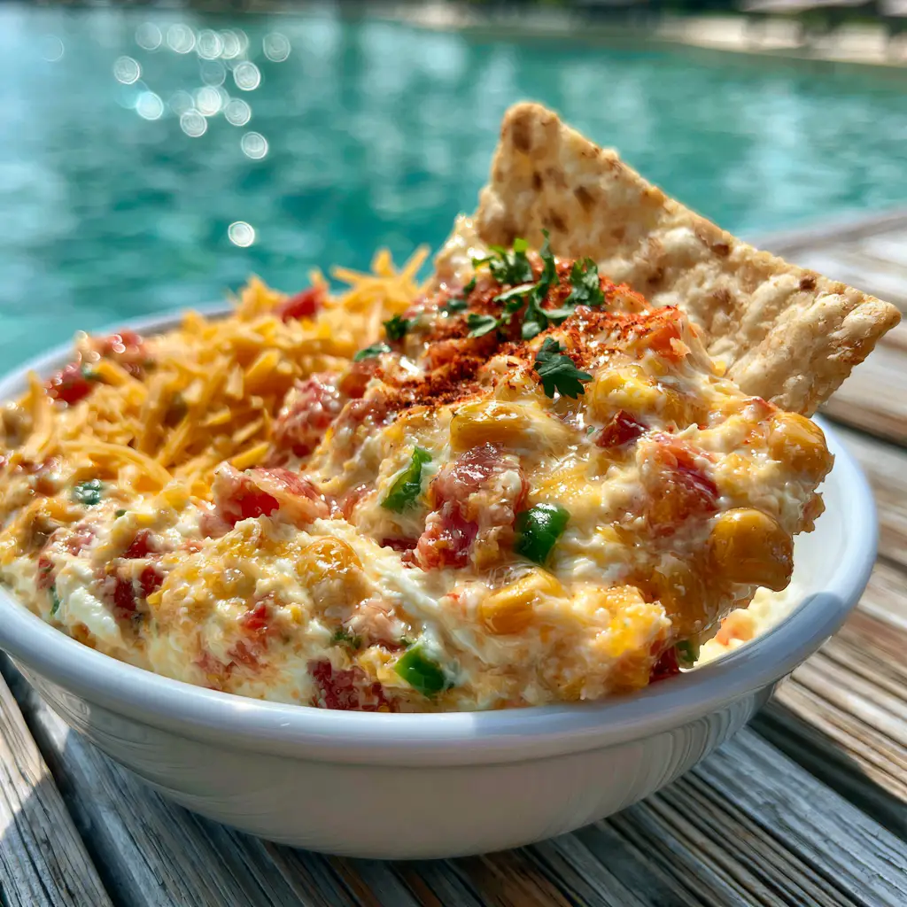 Boat Dip: The Ultimate Creamy Lake-Side Appetizer 2 POV handheld photo of a salty tortilla chip scooping into a chunky, creamy Boat dip with corn, tomatoes, and cilantro.