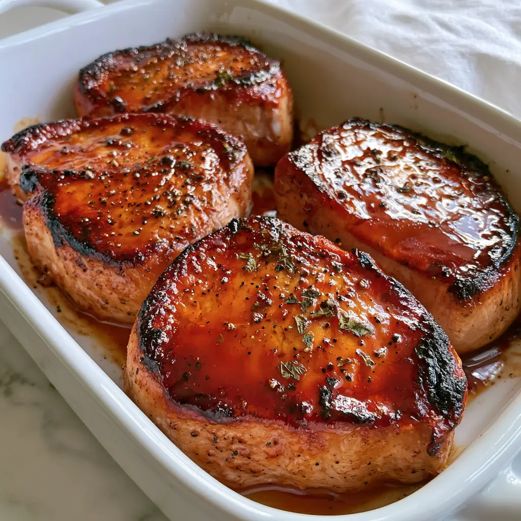 Four Brown Sugar Pork Chops in a white baking dish showing dark charred edges and savory juices.