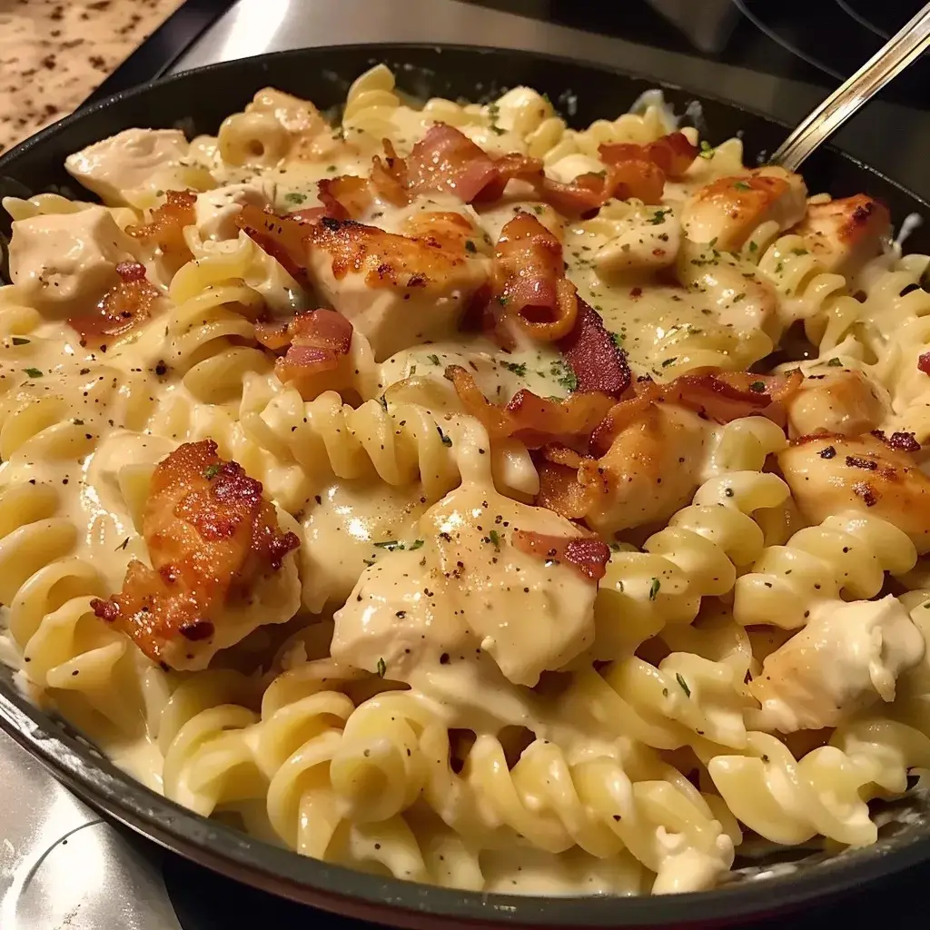 A shallow white ceramic bowl filled with creamy Chicken Bacon Ranch Pasta, featuring penne, seared chicken, and crispy bacon bits garnished with green onions and parsley.