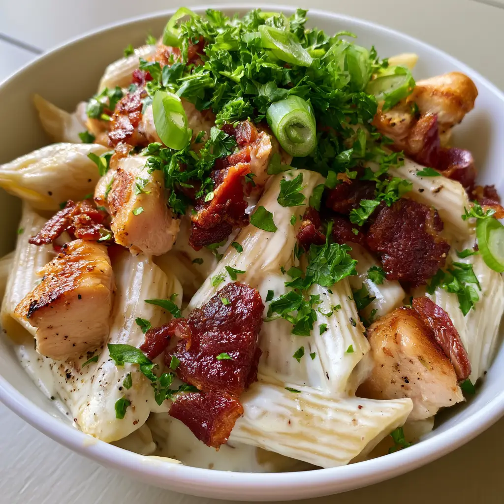 Overhead view of Chicken Bacon Ranch Pasta in a white bowl on a light wooden table, garnished with fresh green onions and parsley.