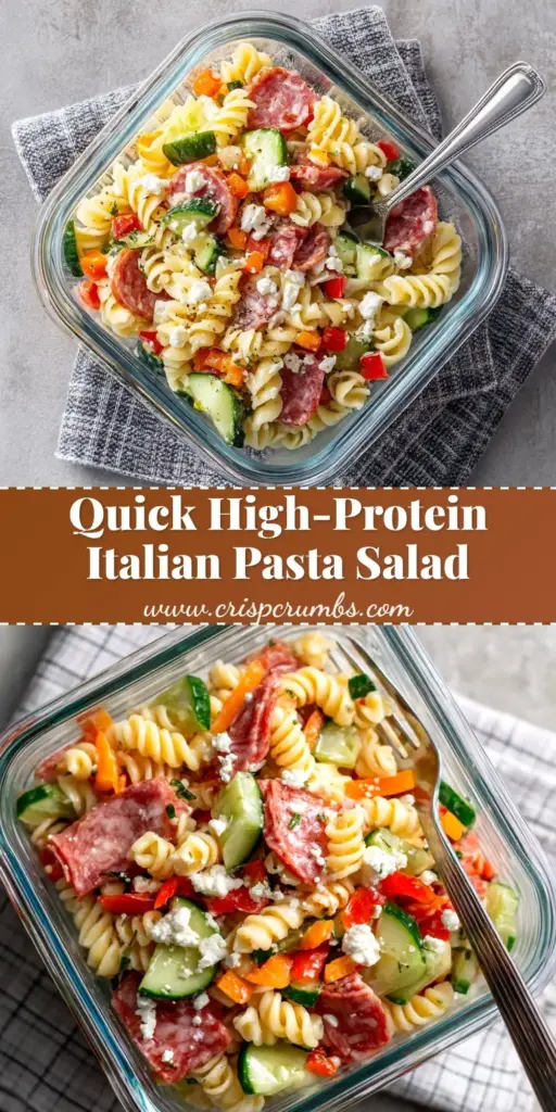 A tall Pinterest pin showing a colorful High-Protein Italian Pasta Salad in a glass bowl with text overlay 'The Best High-Protein Lunch Prep'.