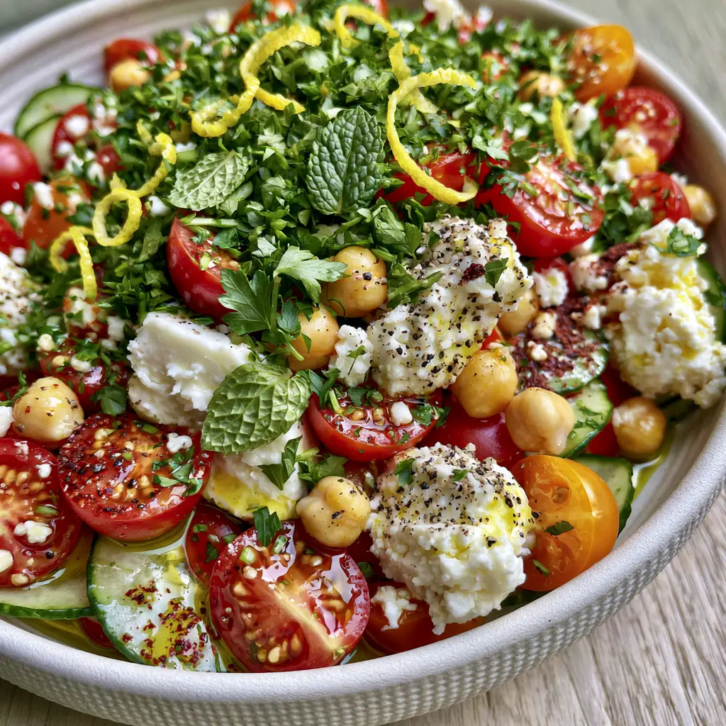 Creamy sheep's milk feta and golden chickpeas topped with lemon zest curls and sumac in a summer salad.