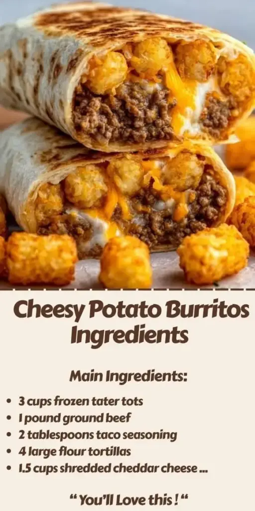 Two Cheesy Potato Burritos sliced and stacked on a white plate, showing crispy tater tots, seasoned beef, and melted orange cheddar with herb flakes. (Cheesy Potato Burritos)