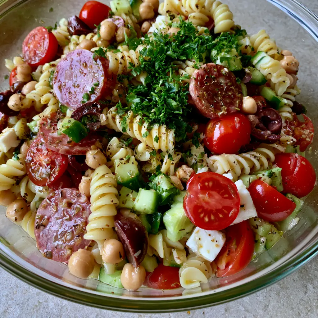 Close up of High-Protein Italian Pasta Salad showing the translucent vinaigrette and fresh parsley garnish.