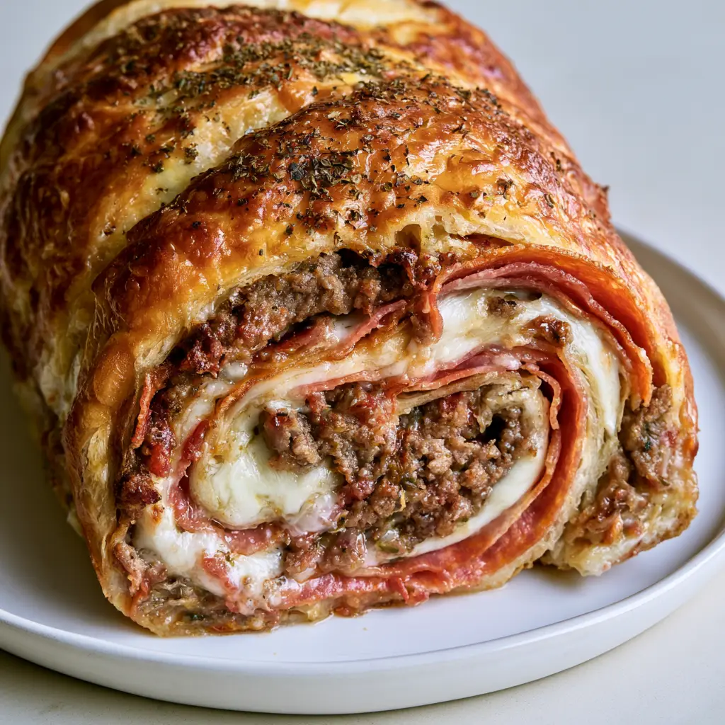 Garbage Bread Recipe: The Ultimate Cheesy Stuffed Loaf 2 A handheld photo of a golden-brown Garbage Bread loaf with a glossy egg-washed crust and herb dusting. (Garbage Bread Recipe)