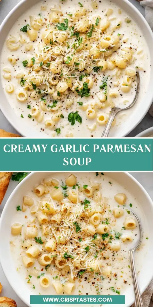 A handheld smartphone photo of Creamy Garlic Parmesan Soup in a white bowl, featuring ditalini pasta and a heavy topping of fluffy parmesan cheese.