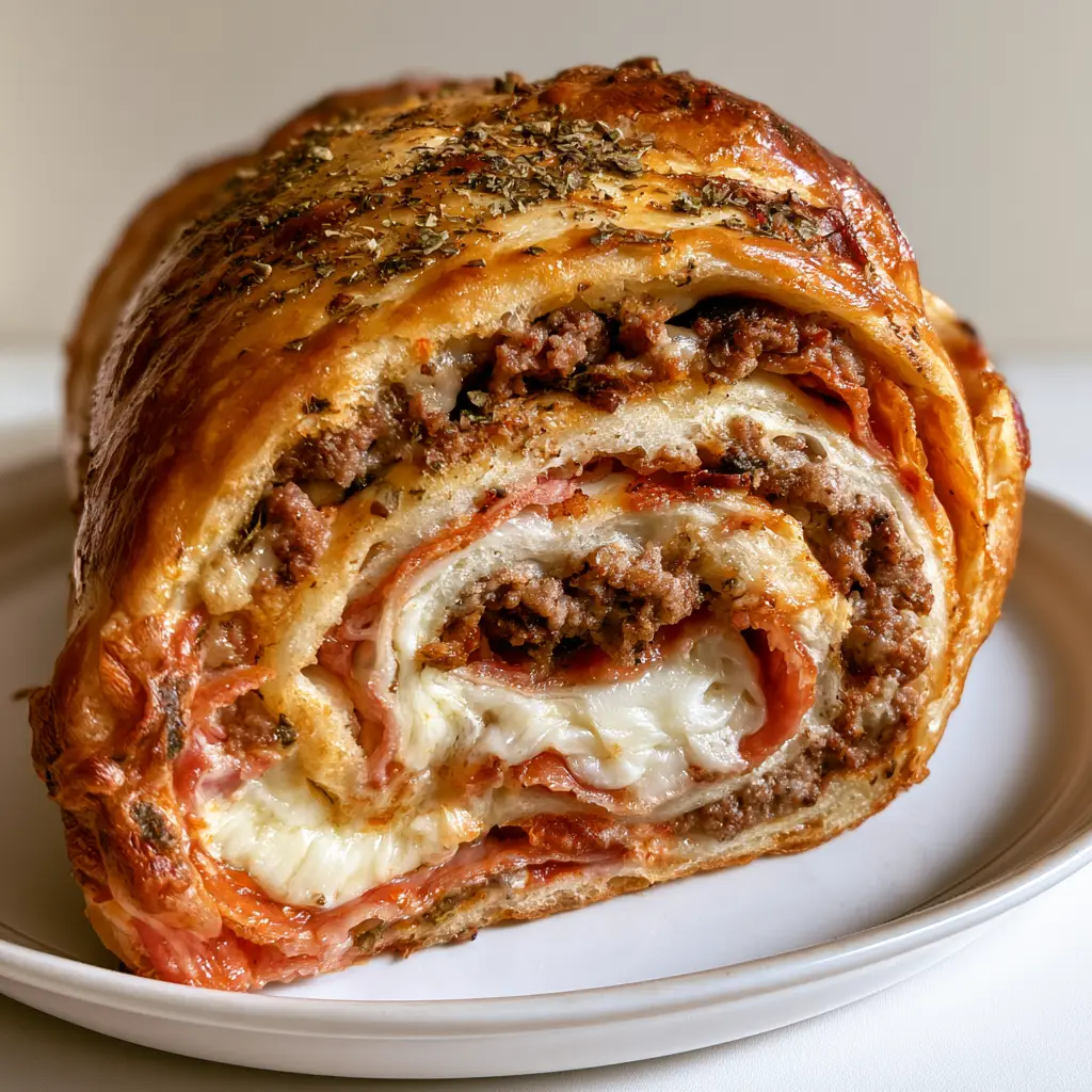 Garbage Bread Recipe: The Ultimate Cheesy Stuffed Loaf 1 A cross-section of Garbage Bread revealing dense layers of melted mozzarella, seasoned ground beef, and pepperoni.