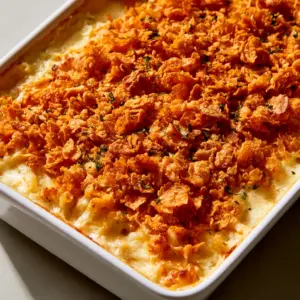 Top-down view of Chicken Pasta Casserole showing creamy sauce and penne texture.
