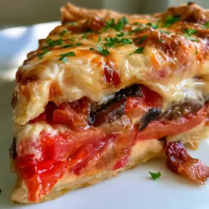 Close-up of a Southern Tomato Pie slice with golden-brown flaky pastry and thick bubbly cheese topping.