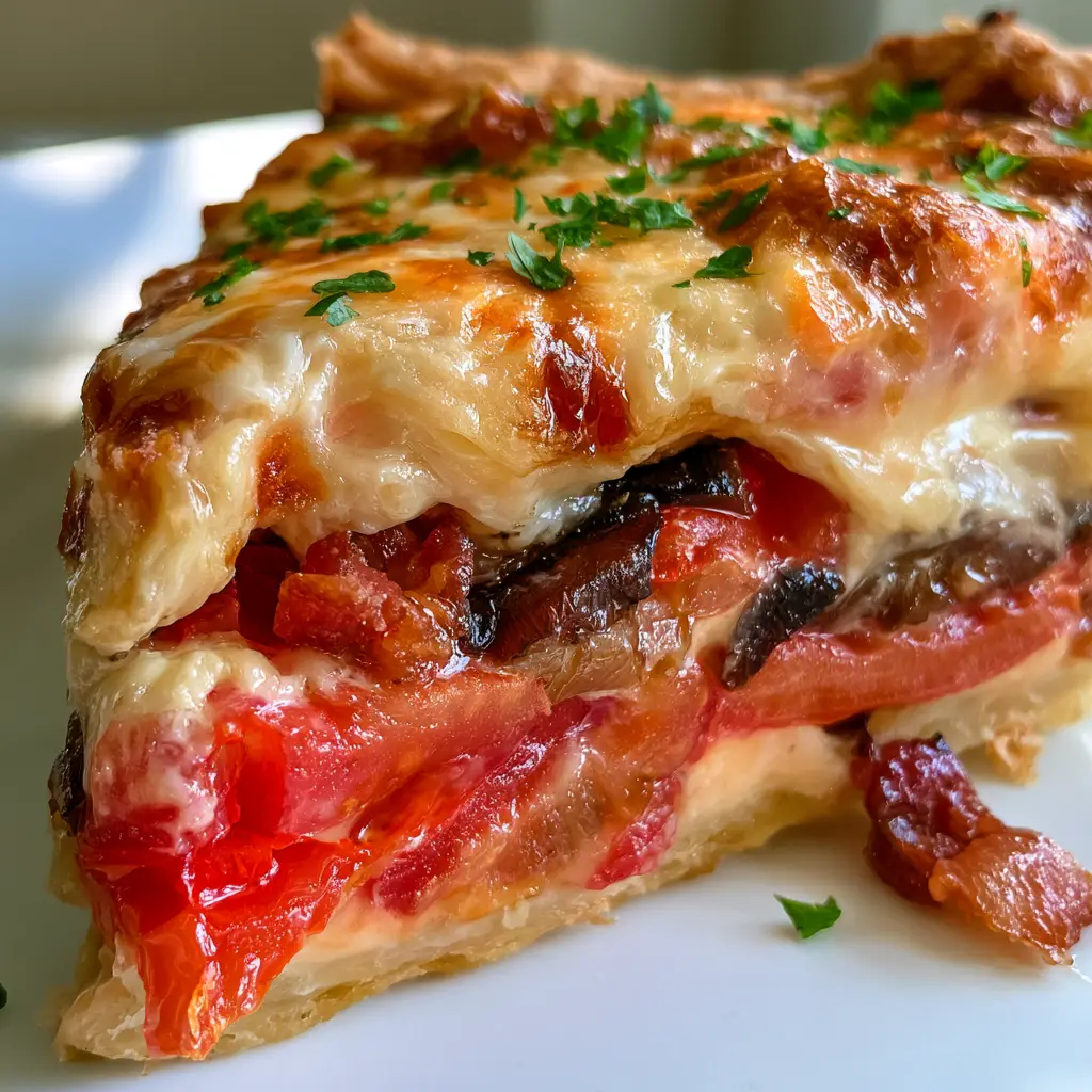 Southern Tomato Pie with Bacon and Caramelized Onions 2 Close-up of a Southern Tomato Pie slice with golden-brown flaky pastry and thick bubbly cheese topping.