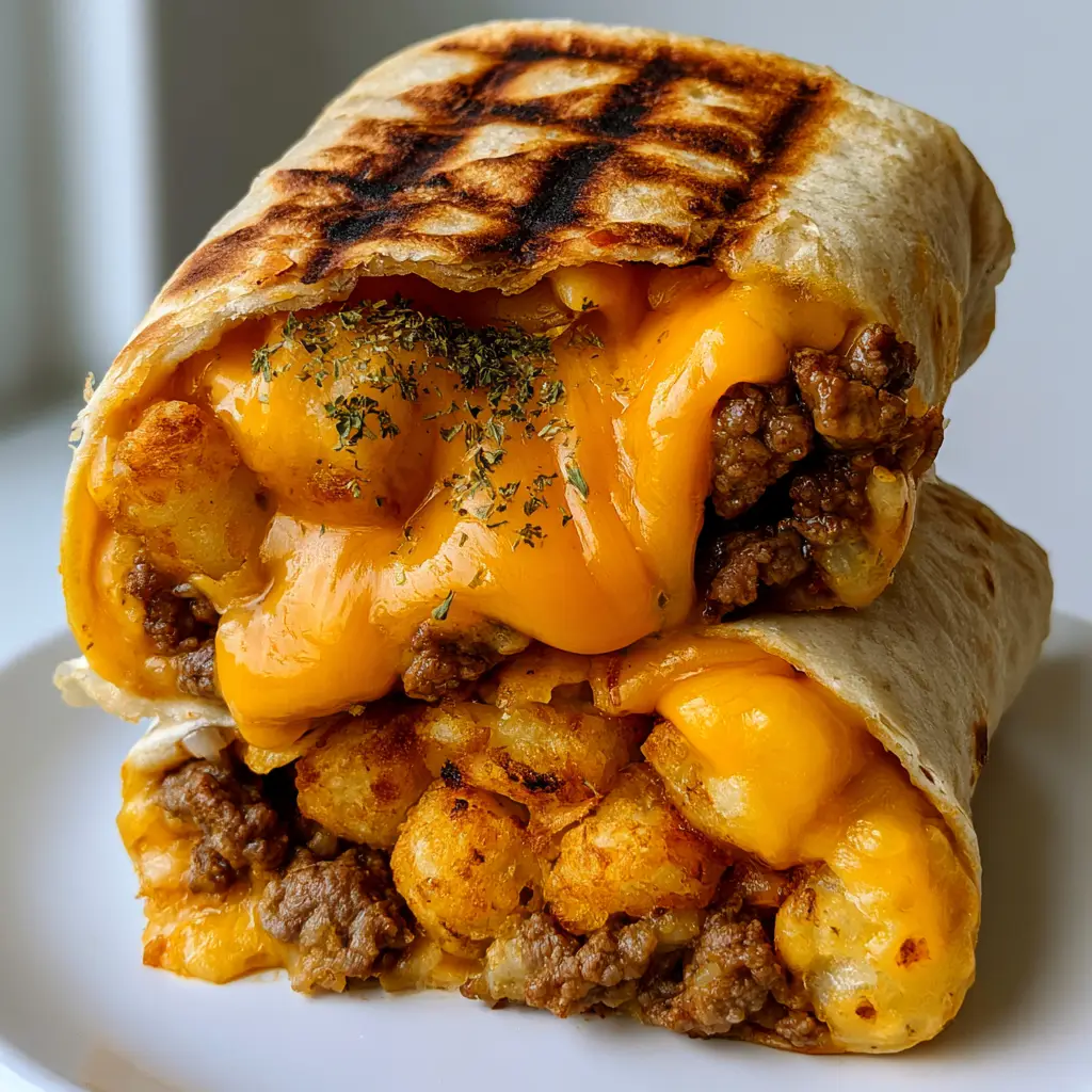 Close up shot of Cheesy Potato Burritos with visible crispy tater tots and seasoned beef crumbles.