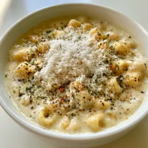 Close up view of the thick velvety yellowish-white sauce of the Creamy Garlic Parmesan Soup with visible steam.