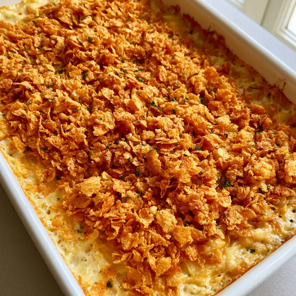 Close-up of charred crispy cheese edges on a Chicken Pasta Casserole.