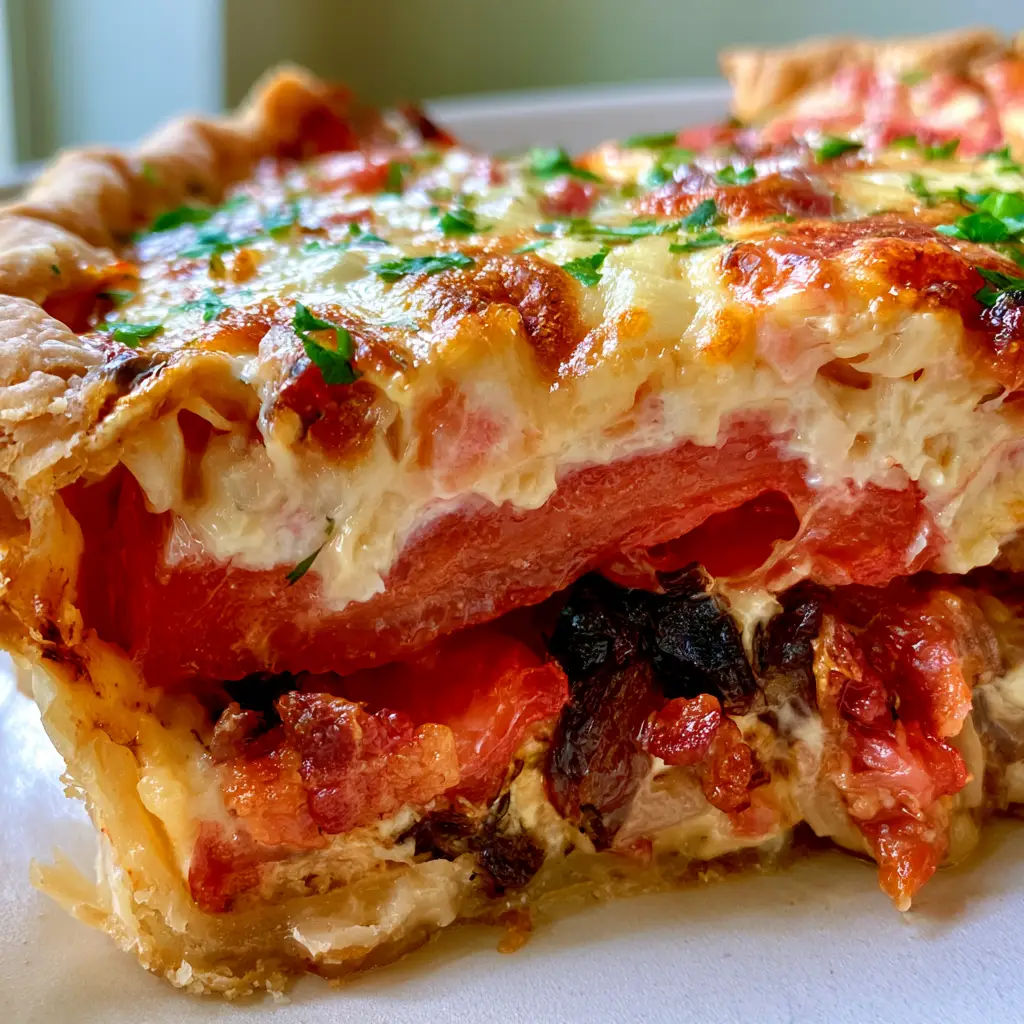 Southern Tomato Pie with Bacon and Caramelized Onions 1 Juicy thick-cut red tomato slices and dark brown caramelized onions inside a savory Southern Tomato Pie.