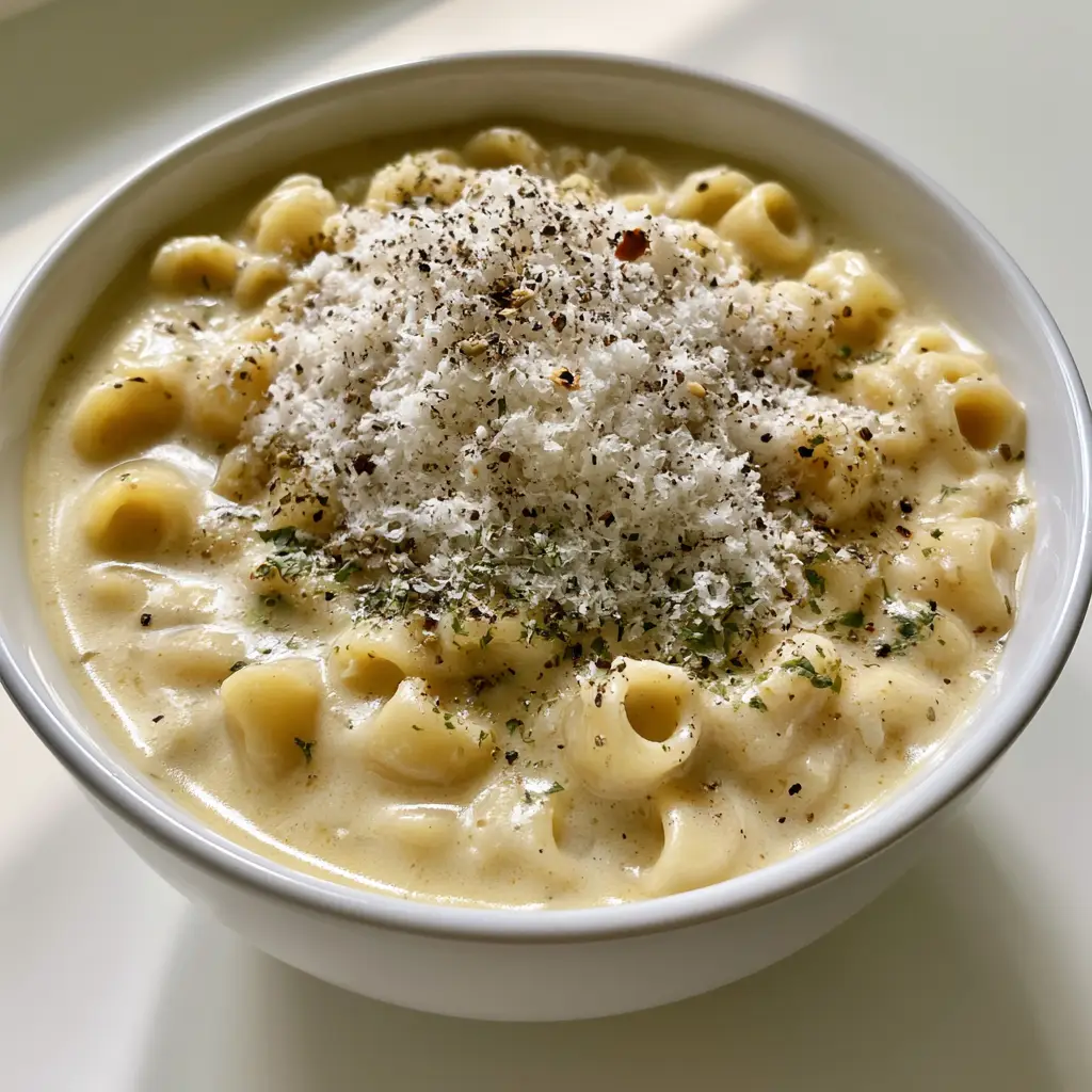 A white ceramic bowl of Creamy Garlic Parmesan Soup garnished with cracked black pepper and parsley flakes.