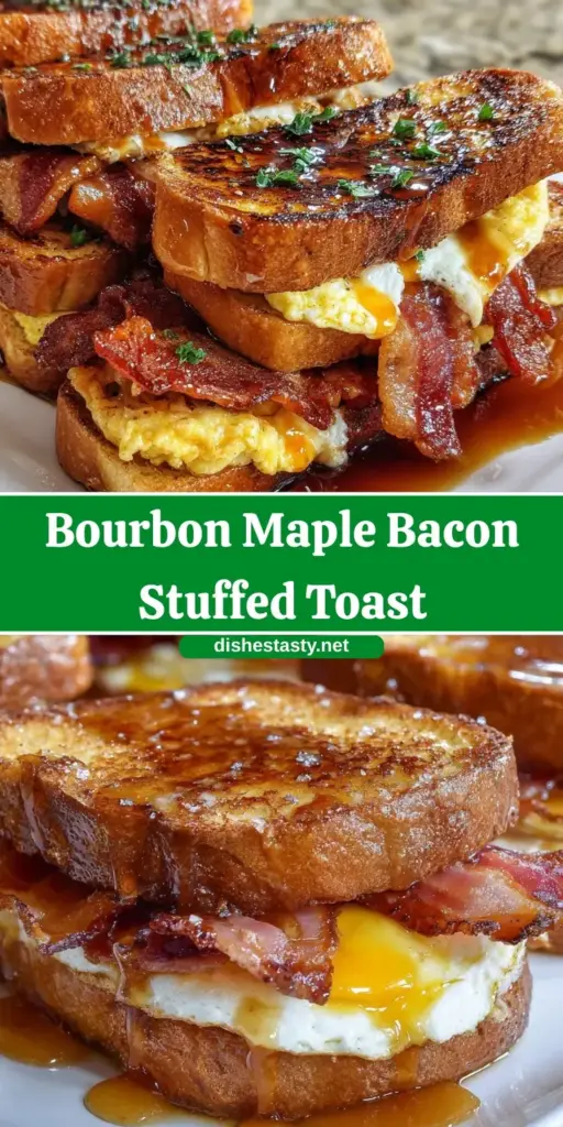 A close up stack of thick Stuffed French Toast with bourbon maple bacon filling and syrup drizzle.