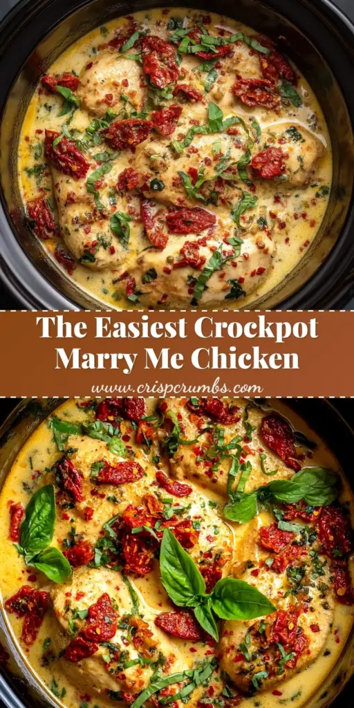 Crockpot Marry Me Chicken with Sun-Dried Tomatoes and Creamy Garlic Sauce 4 A close-up vertical shot of Crockpot Marry Me Chicken in a dark bowl, showing creamy orange sauce, red sun-dried tomatoes, and fresh green basil.