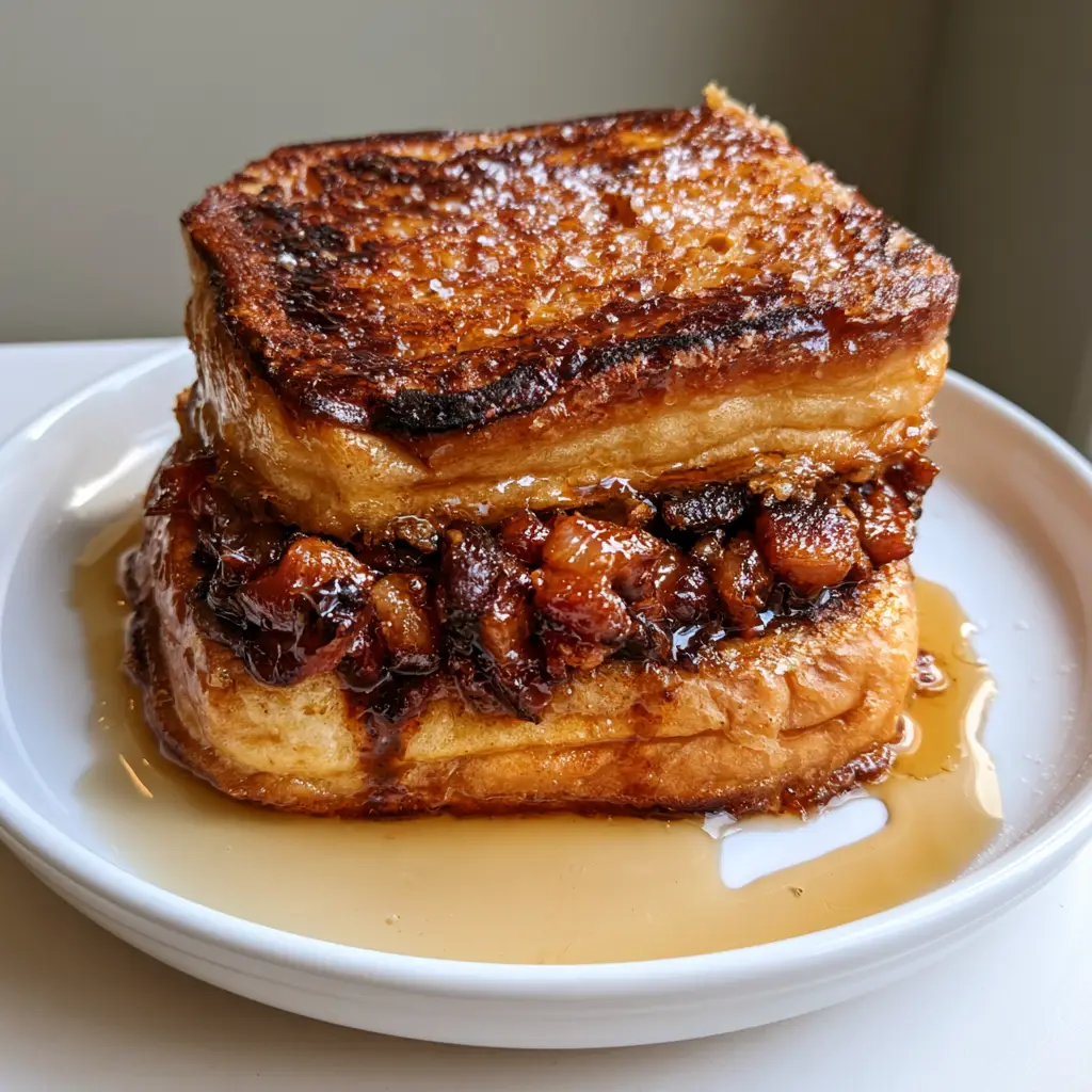 Close up of chopped bacon filling glazed in bourbon maple reduction inside Stuffed French Toast.