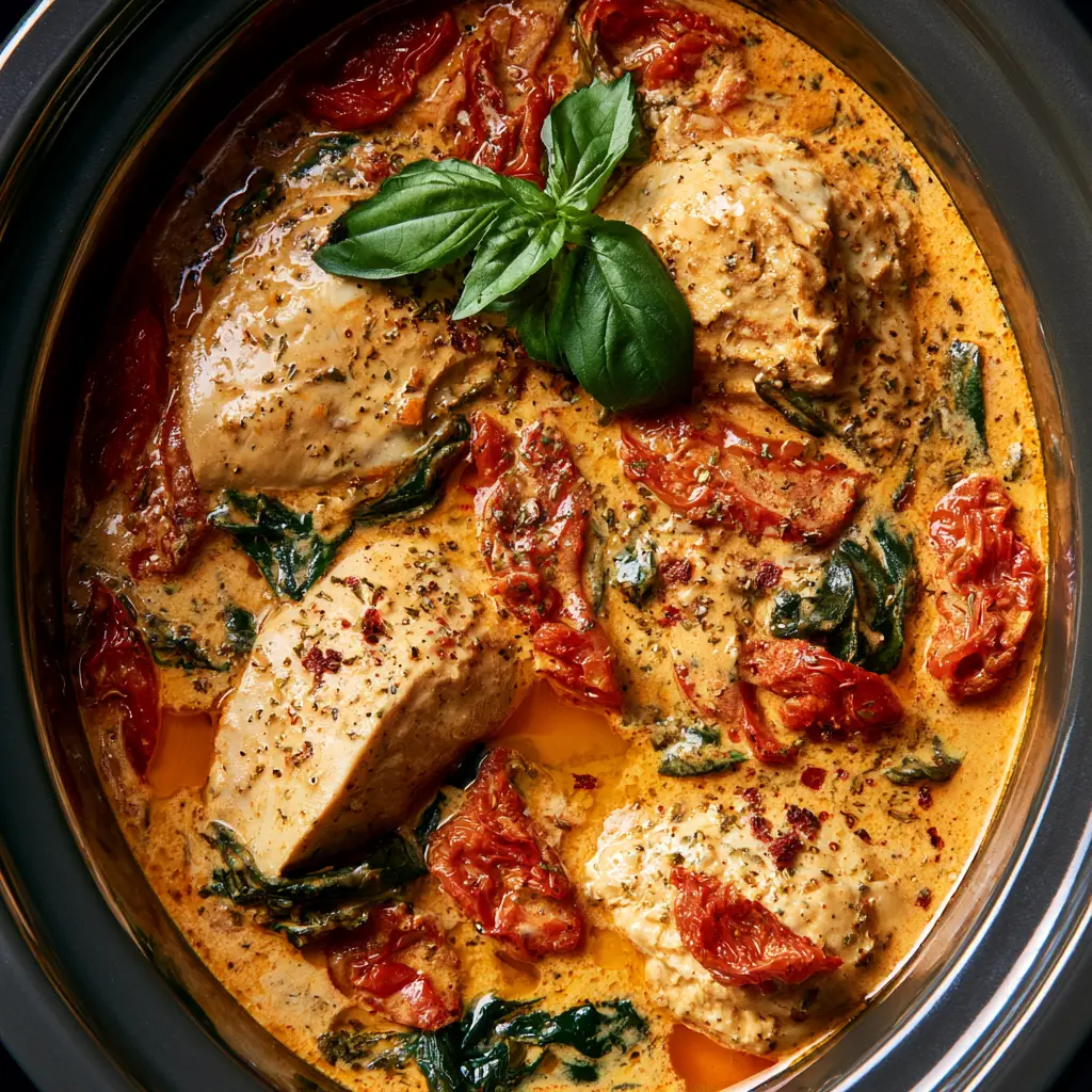 Crockpot Marry Me Chicken with Sun-Dried Tomatoes and Creamy Garlic Sauce 2 Top-down view of Crockpot Marry Me Chicken in a dark ceramic slow cooker with tender chicken, creamy golden sauce, and wilted spinach.