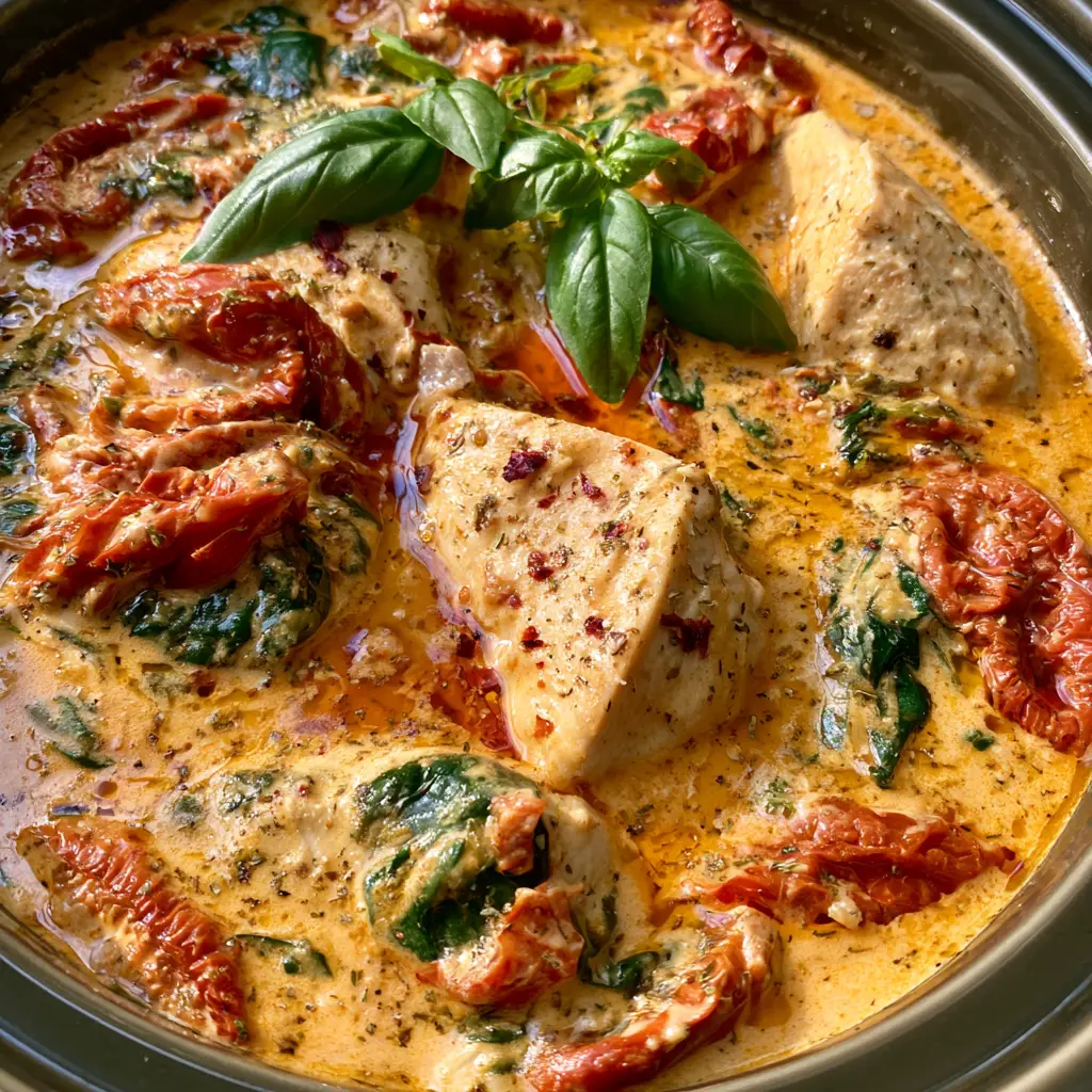 Crockpot Marry Me Chicken with Sun-Dried Tomatoes and Creamy Garlic Sauce 1 Detailed close-up of Marry Me Chicken showing oil droplets on a creamy orange sauce with red sun-dried tomatoes and fresh basil garnish.