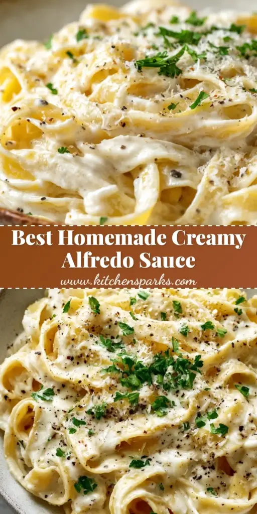 A close-up vertical shot of fettuccine pasta swirled with a thick, glossy white sauce, topped with green parsley and black pepper. (Homemade Alfredo Sauce Recipe)