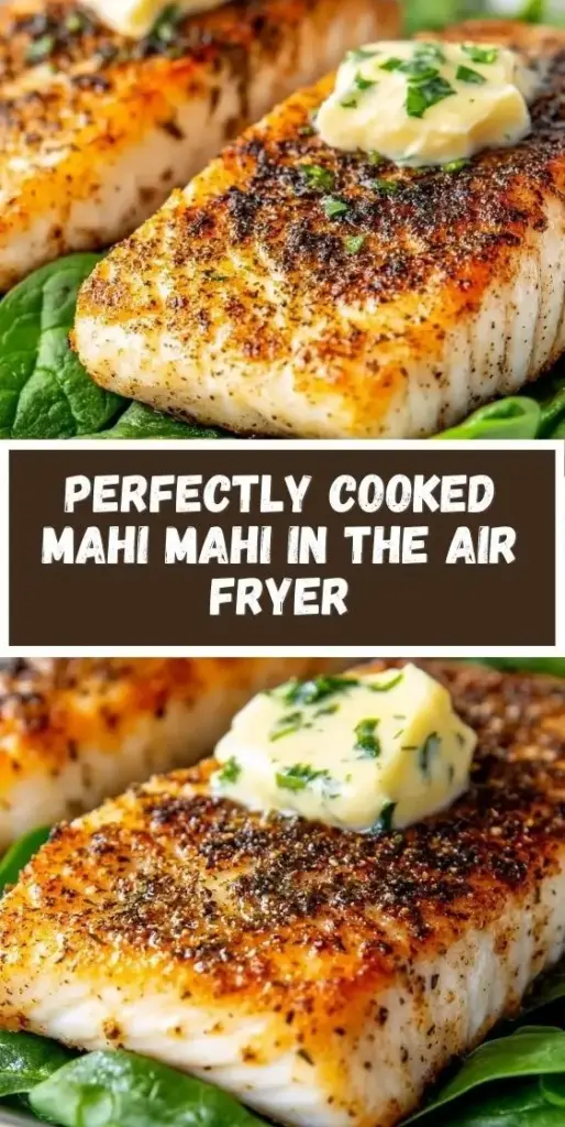 Air Fryer Mahi Mahi with Blackened Rub and Fresh Mango Salsa 3 A single blackened Air Fryer Mahi Mahi fillet with mango salsa on white rice, shot for Pinterest by evay_eats.