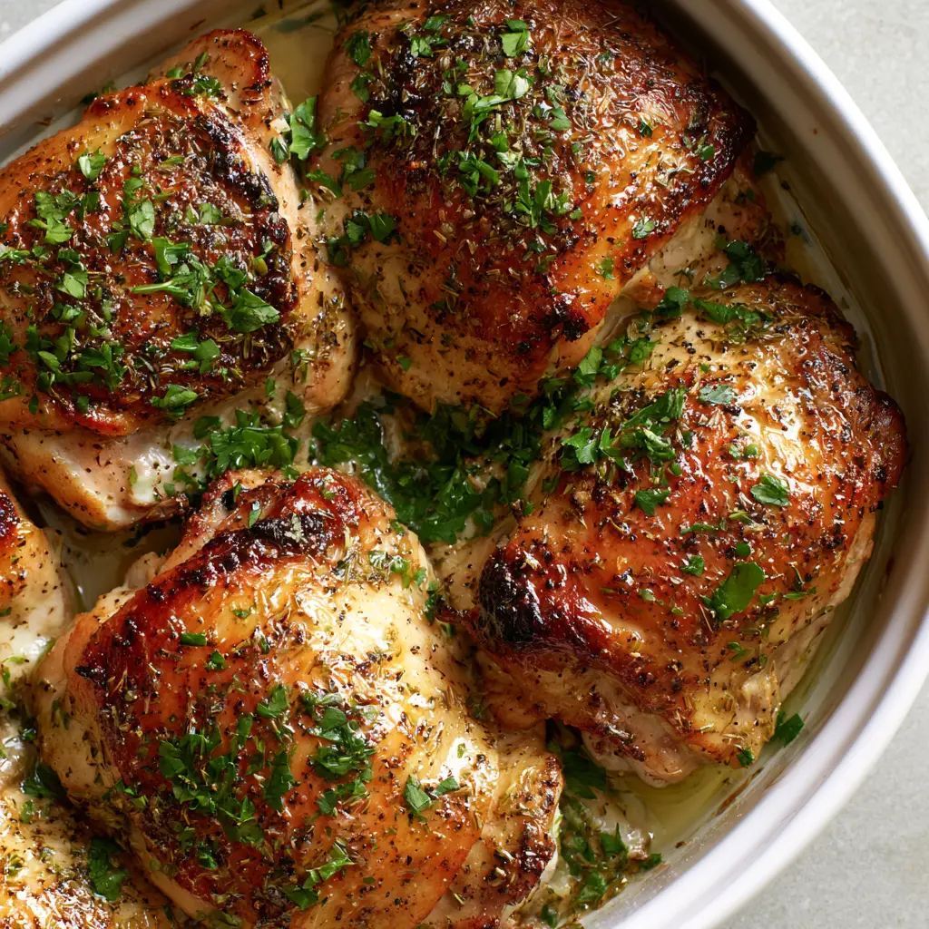 Ranch Chicken Thighs With Crispy Skin and Herb Butter 2 Top-down view of roasted Ranch Chicken Thighs with charred edges and buttery coating.
