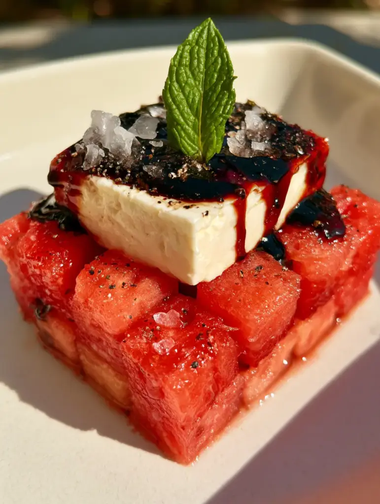 Close up shot showing the viscous balsamic glaze on a watermelon canape with mint.