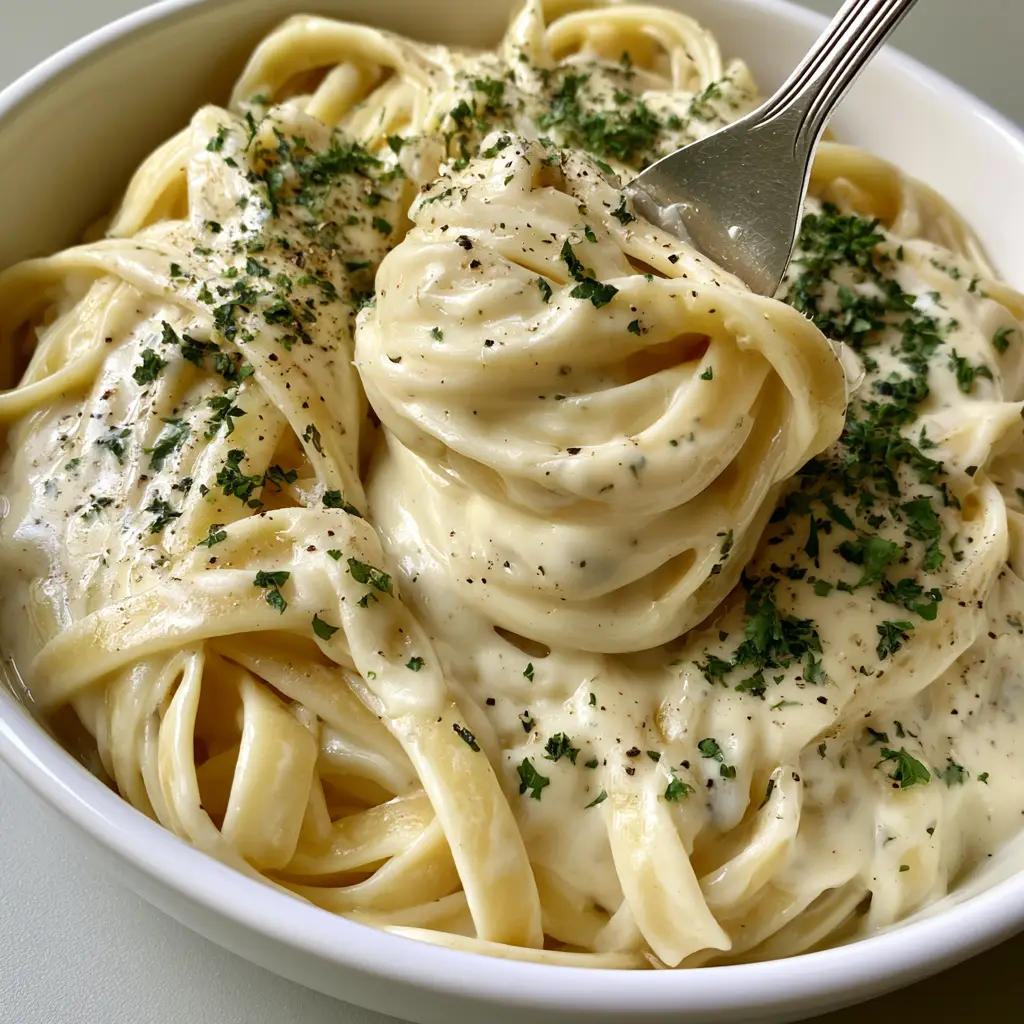 Top-down view of a fork lifting thick fettuccine strands coated in rich alfredo sauce with parsley garnish.