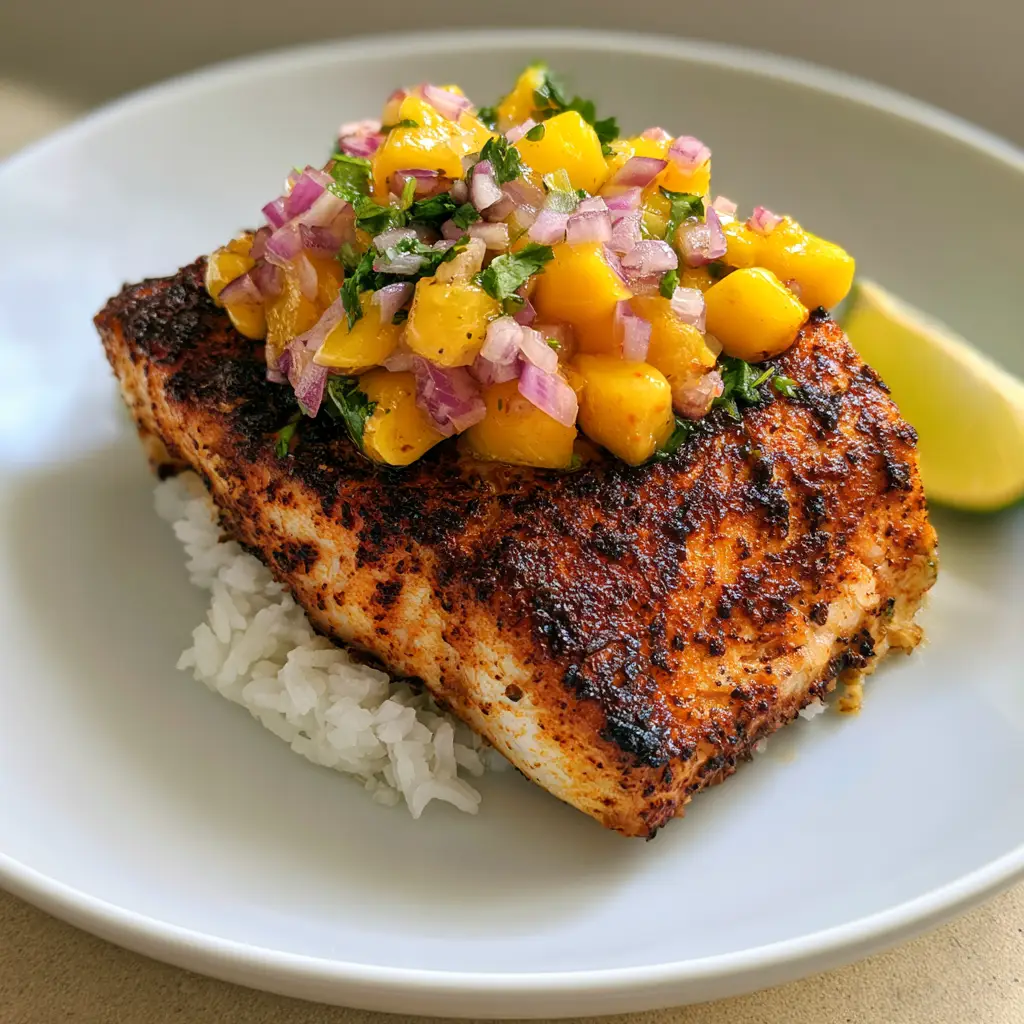 Air Fryer Mahi Mahi with Blackened Rub and Fresh Mango Salsa 1 Air Fryer Mahi Mahi served on a white plate with fluffy rice and colorful mango salsa. (Air Fryer Mahi Mahi)