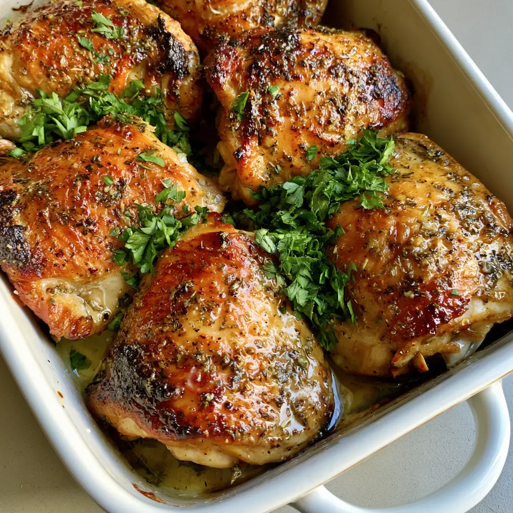 Ranch Chicken Thighs With Crispy Skin and Herb Butter 1 Juicy Ranch Chicken Thighs packed in a ceramic dish showing rendered fats and fresh parsley.