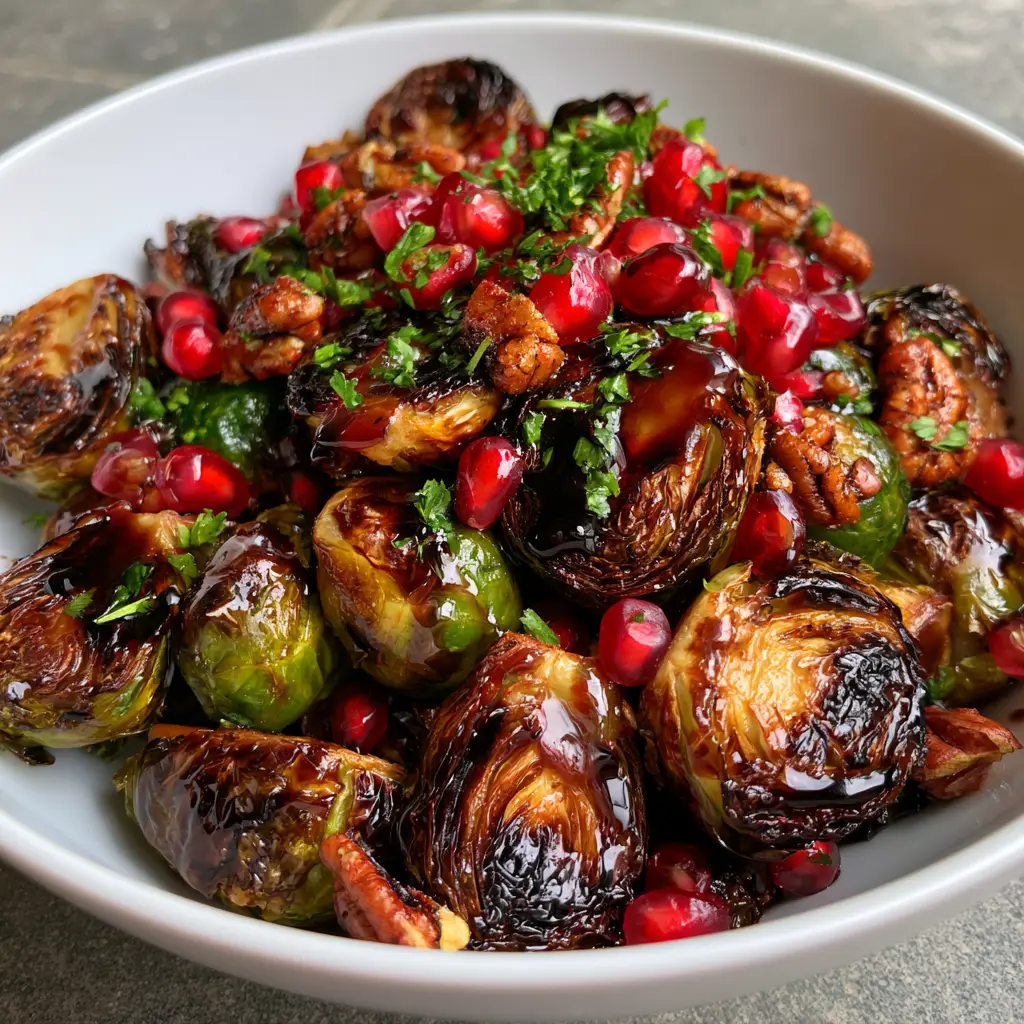 Honey Balsamic Brussels Sprouts with Pomegranate and Pecans 1 Close up view of Honey Balsamic Brussels Sprouts topped with bright red pomegranate seeds and toasted pecans on a stone surface.
