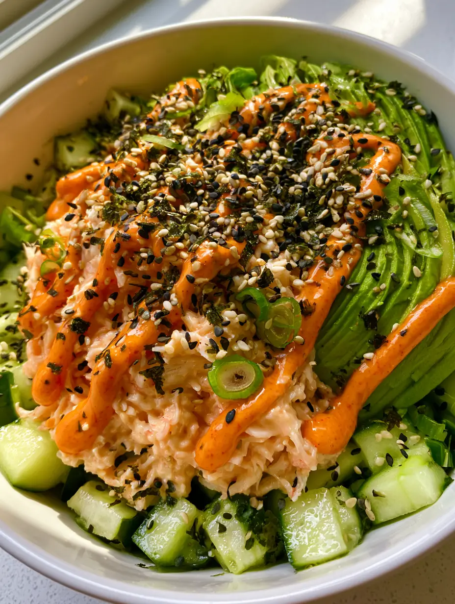 Close-up of shredded imitation crab and diced English cucumber in a california roll cucumber salad with vibrant green avocado fans.