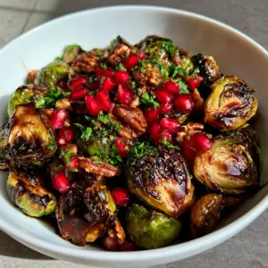Close up of roasted Honey Balsamic Brussels Sprouts with a dark glossy glaze and bright red pomegranate seeds.