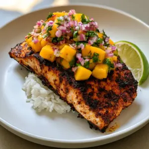 A single fillet of Air Fryer Mahi Mahi with a heavy dark reddish-brown spice rub and charred edges on white rice with mango salsa.