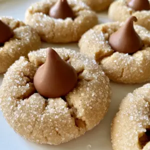 Close-up of Peanut Butter Blossoms showing the sparkling sugar crystals and radiating cracks around the chocolate kiss.