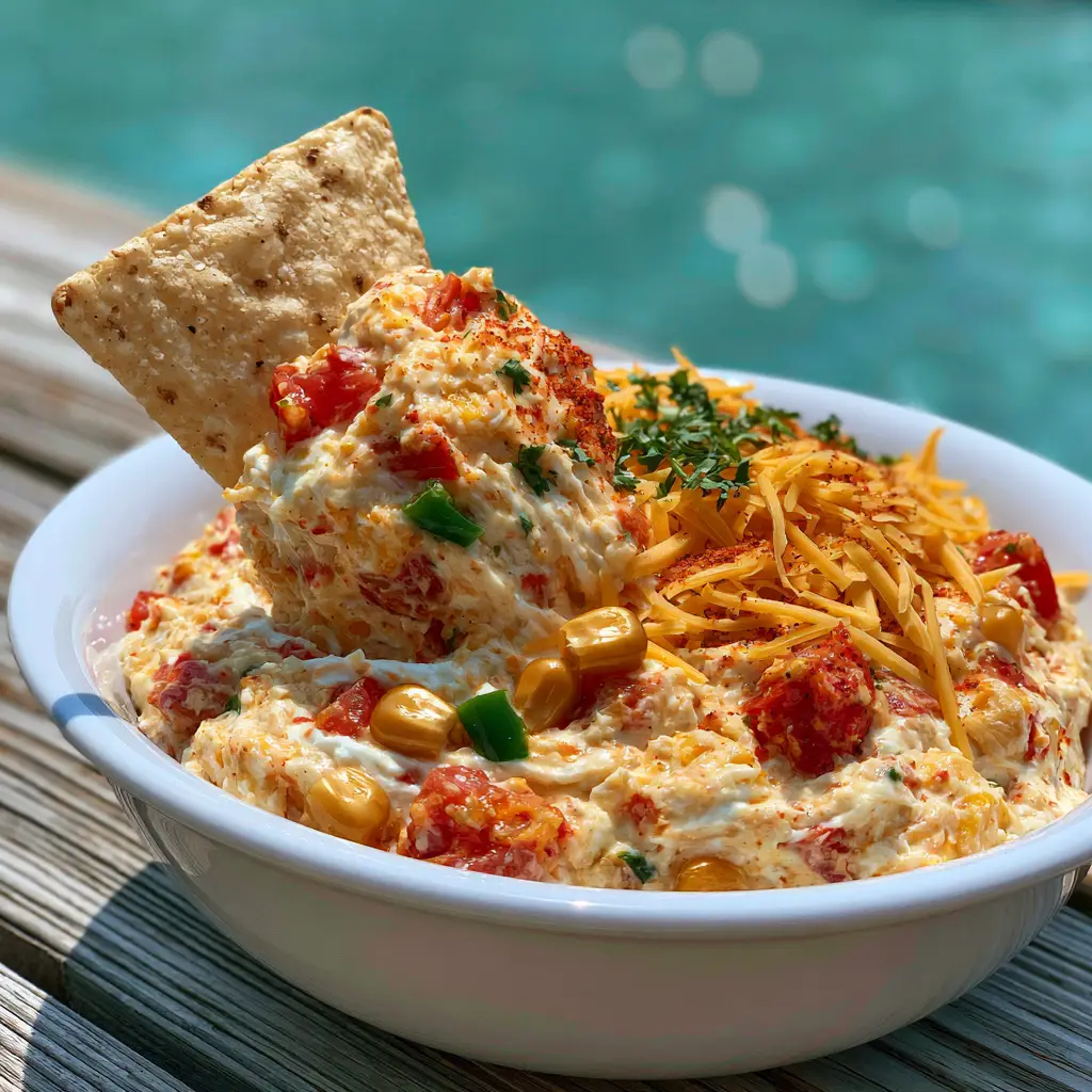 Boat Dip: The Ultimate Creamy Lake-Side Appetizer 1 Close-up of Boat dip showing the cheese blend, red taco seasoning dust, and fresh cilantro flecks in bright natural sunlight.