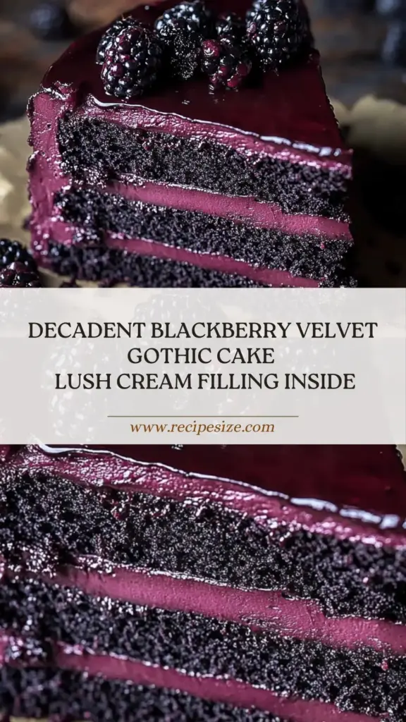 Blackberry Velvet Gothic Cake: A Dark & Dreamy Dessert Masterpiece 3 A tall slice of Blackberry Velvet Gothic Cake standing upright, showing dark purple layers and white filling. (Blackberry Velvet Gothic Cake)