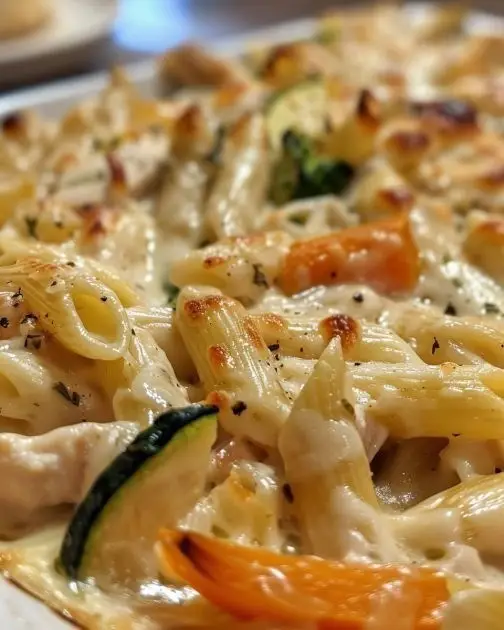 Chicken Primavera Pasta Bake: The Ultimate Cheesy Family Dinner 4 A top-down angled shot of a white ceramic dish containing Chicken Primavera Pasta Bake with melted golden mozzarella and green broccoli.